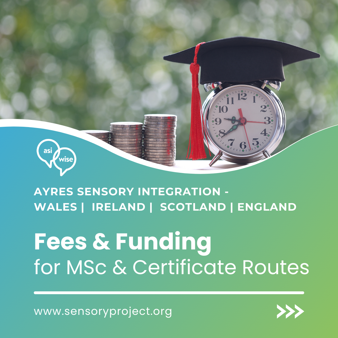 A stack of coins beside a clock topped with a graduation cap, symbolising cost and study time. Text overlay: “Fees & Funding for MSc & Certificate Routes – Ayres Sensory Integration Wales | Ireland | Scotland | England – www.sensoryproject.org