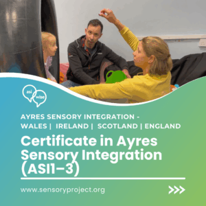 A therapist in conversation with a child during a sensory integration session, with another therapist raising an object to engage the child. Text overlay: “Certificate in Ayres Sensory Integration (ASI1–3) – Ayres Sensory Integration Wales | Ireland | Scotland | England – www.sensoryproject.org